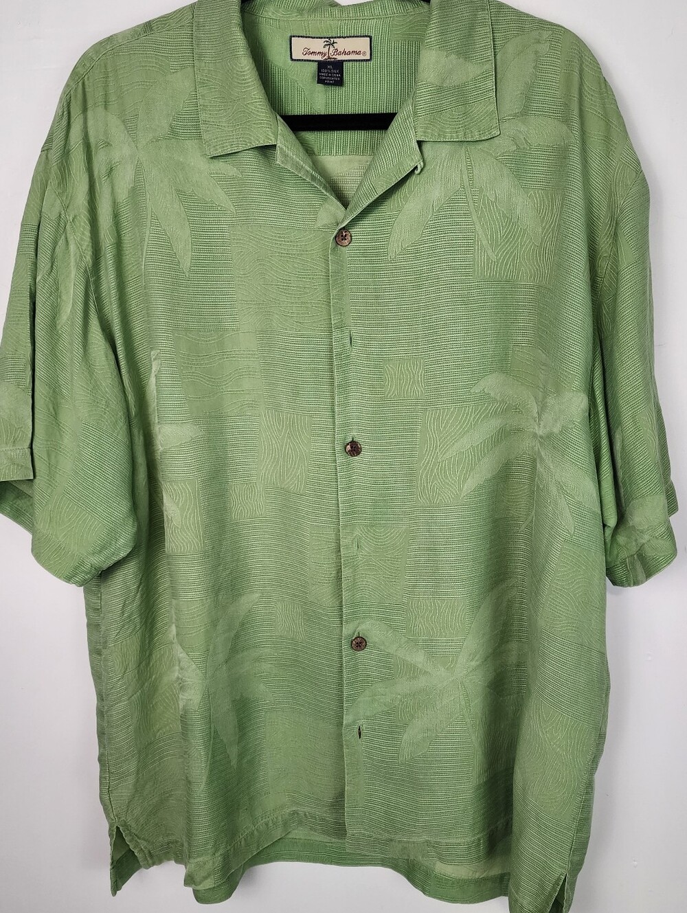 Tommy Bahama Green Palm Print Shirt XL 100% Silk Short Sleeve Button Up